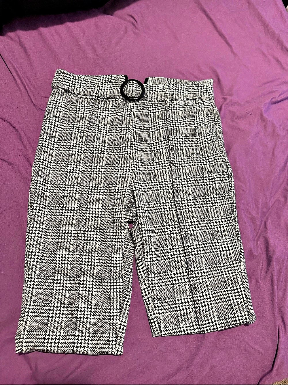 Women's High Waist Plaid Belted Pants
